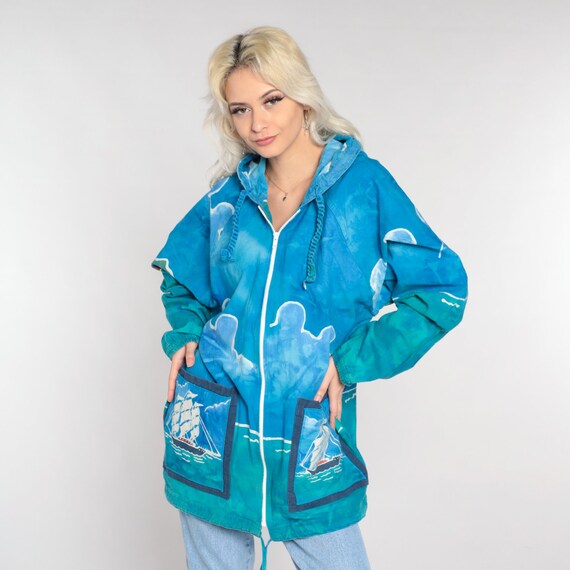 Hooded Nautical Jacket Y2k Blue Windbreaker Sailboat Print Hoodie Ocean Sailing Yacht Zip Up Jacket Hood Vintage 00s Cotton Medium Large