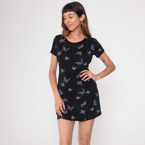 90s Butterfly Dress Black Mini Short Sleeve Fitted Stretch Y2K Grunge Gothic Insect Nature Pattern Crew Neck Summer Casual Vintage Large L