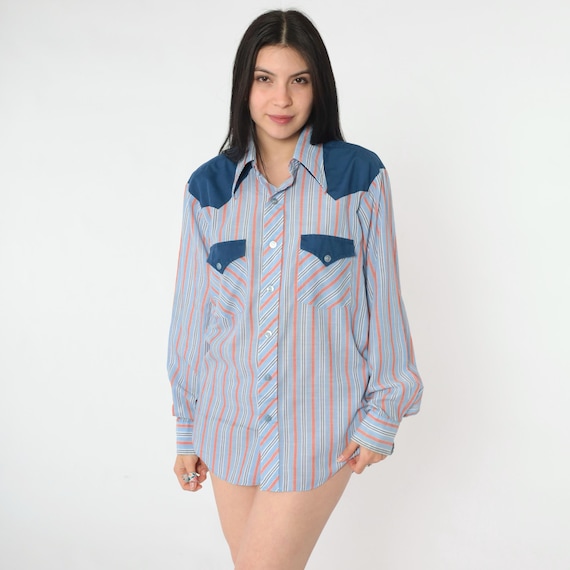 Vintage Striped Western Shirt 70s Blue Rodeo Cowboy Top 1970s Chest Pocket Pearl Snap Button Up Long Sleeve Men's Medium 15-15 1/2