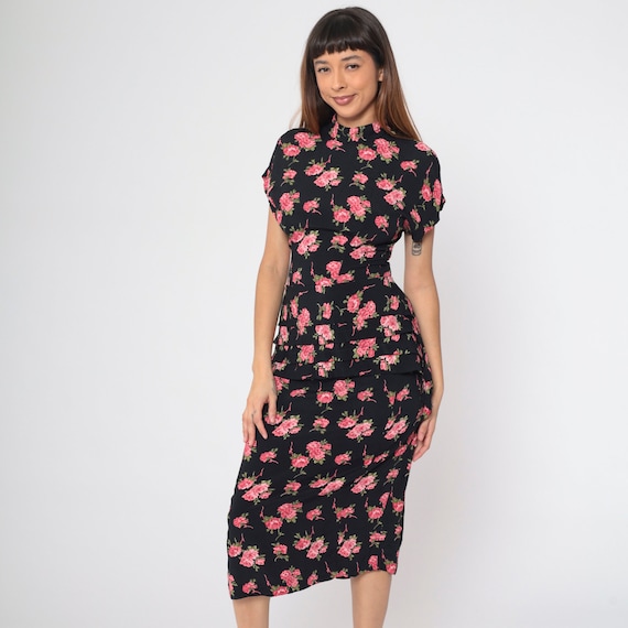 90s Floral Dress Horizontal Pleat Black Pink Rose Print Dolman Cap Sleeve Dress Sheath Midi High Neck Vintage 1990s Summer Rayon Small