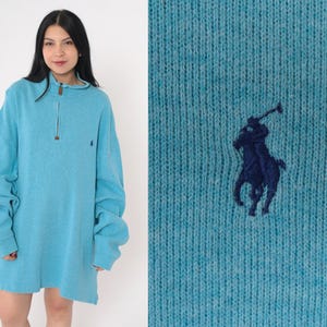 Polo Ralph Lauren Sweater 00s Blue Knit Sweater Quarter Zip Pullover Jumper Retro Basic Plain Simple Streetwear Vintage 00s Men&#39;s 2xl Tall