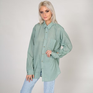 Gingham Shirt 80s Checkered Button Up Shirt Green White Checkered Print Collared Long Sleeve Boyfriend Top Preppy Plaid Vintage 1980s Large