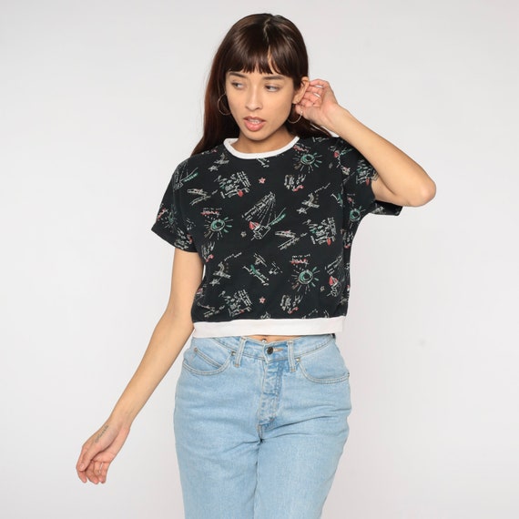 90s Sailboat Shirt 90s Black Nautical Crop Top Sun Tshirt Sailor Shirt Retro Tee Short Sleeve Vintage Cropped Shirt 1990s Ringer Tee Small S