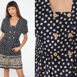 Popcorn Print Dress 90s Mini Double Breasted Button Up Floral Pocket Vintage 1990s High Waist Shirtwaist Navy Blue Short Sleeve Retro Medium image 1