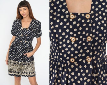 Popcorn Print Dress 90s Mini Double Breasted Button Up Floral Pocket Vintage 1990s High Waist Shirtwaist Navy Blue Short Sleeve Retro Medium