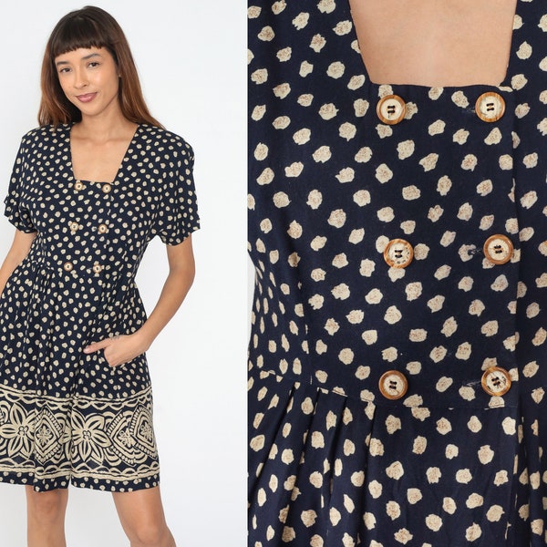 Popcorn Print Dress 90s Mini Double Breasted Button Up Floral Pocket Vintage 1990s High Waist Shirtwaist Navy Blue Short Sleeve Retro Medium