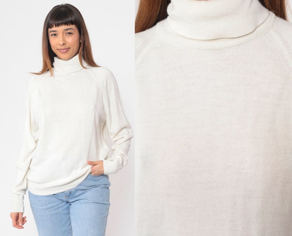 White Turtleneck Sweater 80s Knit Pullover Sweate… - image 1