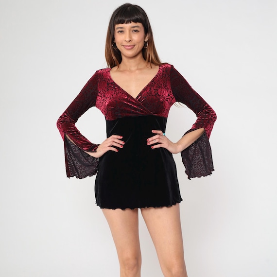 Y2K Vamp Goth Blouse Velvet Top Black Burgundy Red Wrap V Neck Bell Sleeve Dark Coquette Baroque Pattern Damask Party Club Going Out Large L