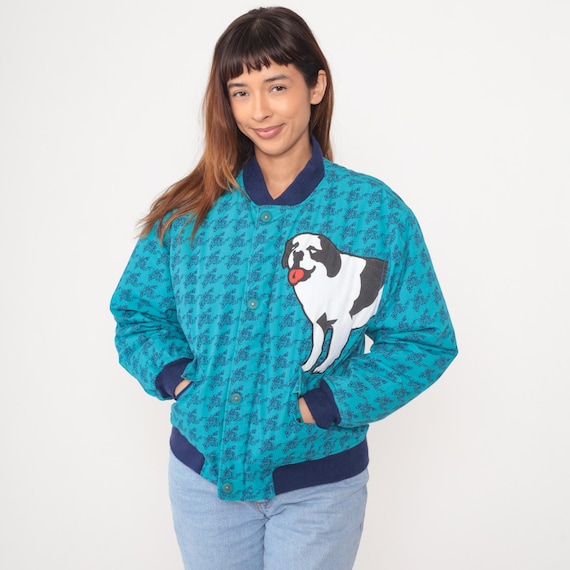Big Dogs Bomber Jacket 90s Turquoise Navy Blue Dog Varsity Style Ribbed Trim Vintage Streetwear Cartoon Teal Gorpcore  Youth Extra Large YXL