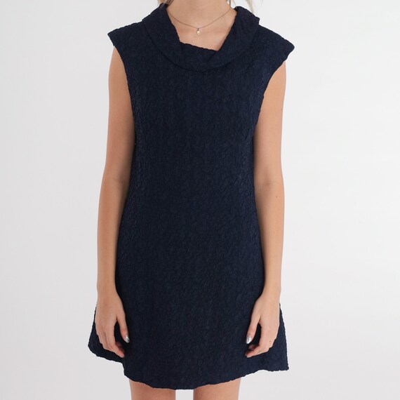 60s Shift Dress Mod Mini Dress Navy Blue Crinkled… - image 8