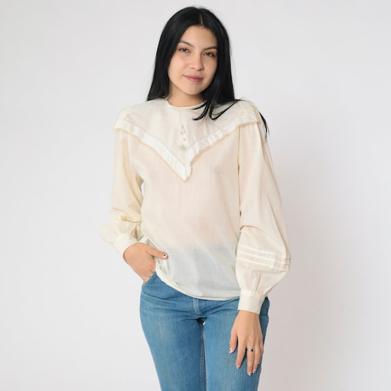 70s Cream Blouse Floral Embroidered Victorian Style Long Puff Sleeve Shirt Bohemian Semi-Sheer Vintage 1970s Boho Peasant Top Medium