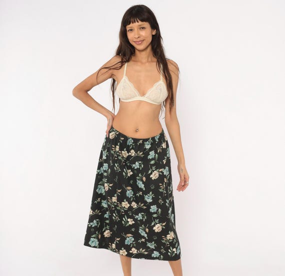 80s Dark Floral Midi Skirt Black Blue Beige Botanical Cottage Core Prairie Flower Garden Cream Sage Green Vintage Soft Grunge Alt Medium M