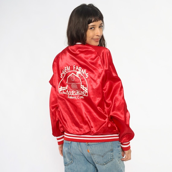 90s Red Satin Bomber Jacket Varsity Striped Ribbed Trim Salem Farms Campground Connecticut Athletic Embroidered Name Vintage Large L