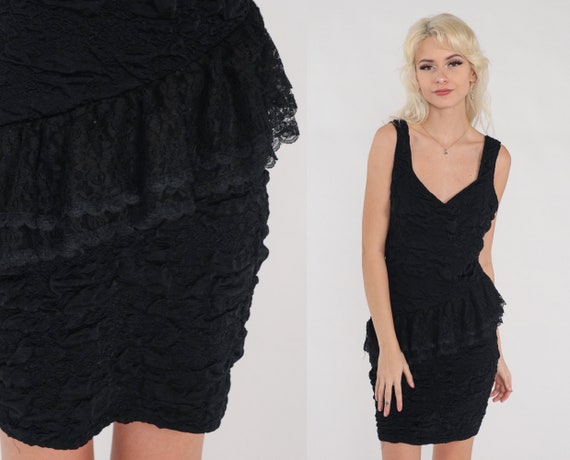 Black Peplum Dress 80s Party Dress Asymmetrical Lace Ruffle Mini Sleeveless Formal Bodycon Cocktail Glam Sexy Vintage 1980s Small Medium