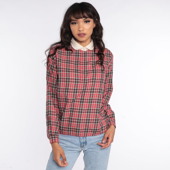 Red Plaid Blouse 80s Button Up Shirt Checkered Print Long Sleeve Top Peter Pan Collar Shirt 1980s Vintage Cotton Medium