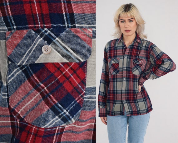 90s Flannel Shirt Plaid Button up Shirt Retro Grunge Lumberjack Long Sleeve Boyfriend Red Grey Navy Blue Checkered Top Vintage 1990s Small S