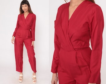 Red Silk Jumpsuit 90s Wrap Straight Leg Pleated High Waisted Party Trouser Romper 1990s Vintage Pantsuit V Neck Long Sleeve Retro Small 4