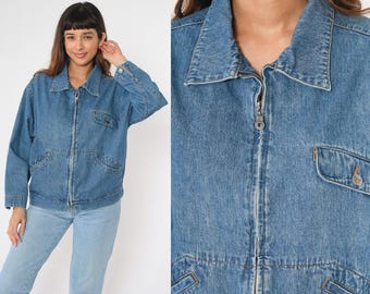 Y2K Denim Zip up Jacket Route 66 Blue Jean Windbreaker Jacket