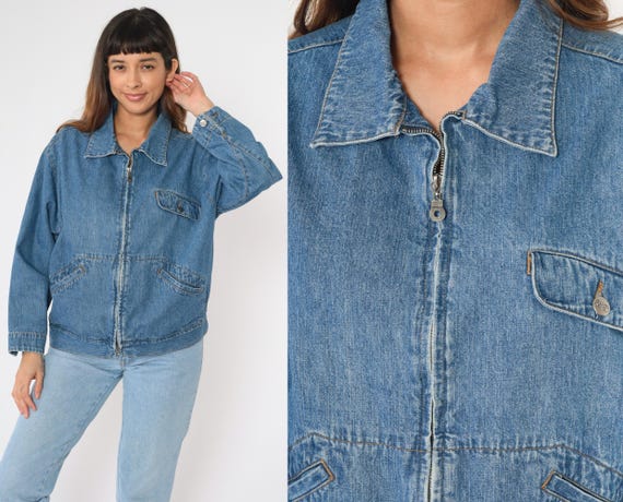 Y2K Denim Zip up Jacket Route 66 Blue Jean Windbreaker Jacket