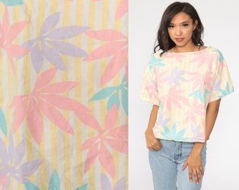 80s Floral Shirt Bright Tropical Sleeve Shirt 1980s Pink Yellow Striped Top Flower Print Blouse Vintage Large L