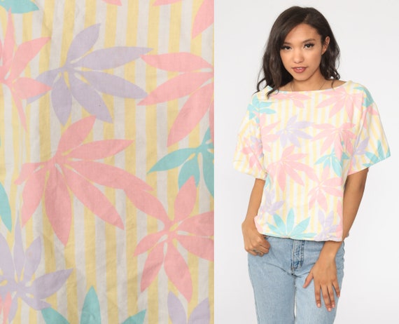 80s Floral Shirt Bright Tropical Sleeve Shirt 1980s Pink Yellow Striped Top Flower Print Blouse Vintage Large L