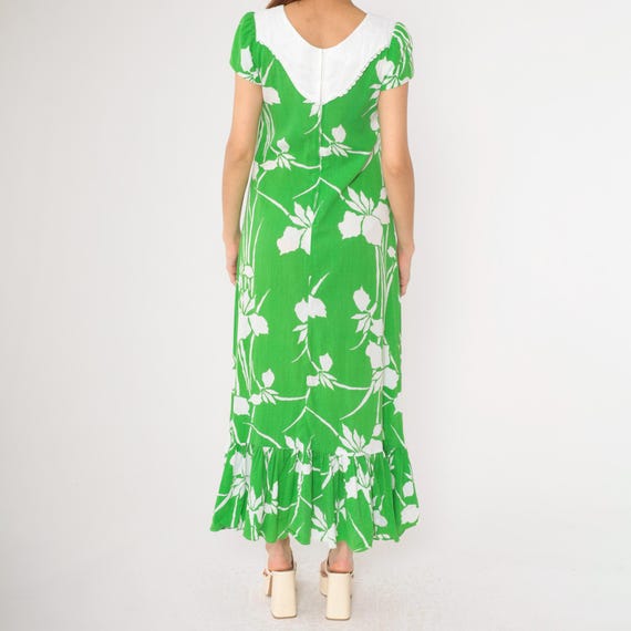 Vintage 70s Green Hawaiian Maxi Dress White Floral Pr… - Gem