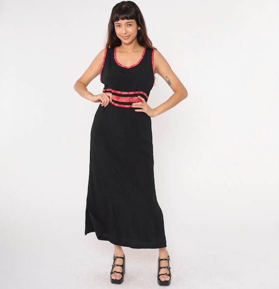 90s Long Black Dress Asian Jacquard Trim Maxi Dress Sleeveless Tank Dress Retro High Waist Full Length Vintage 1990s Medium