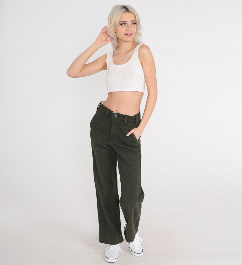 Wool Blend Trousers Olive Green Pants 80s Straight Leg Trousers High Waisted 1980s Vintage Small 28 image 2