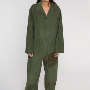 Army Coveralls 80s Distressed Flight Suit Military Jumpsuit Button Up Onesie Long Sleeve Boiler Suit Olive Green Vintage 1980s Mens Large image 7