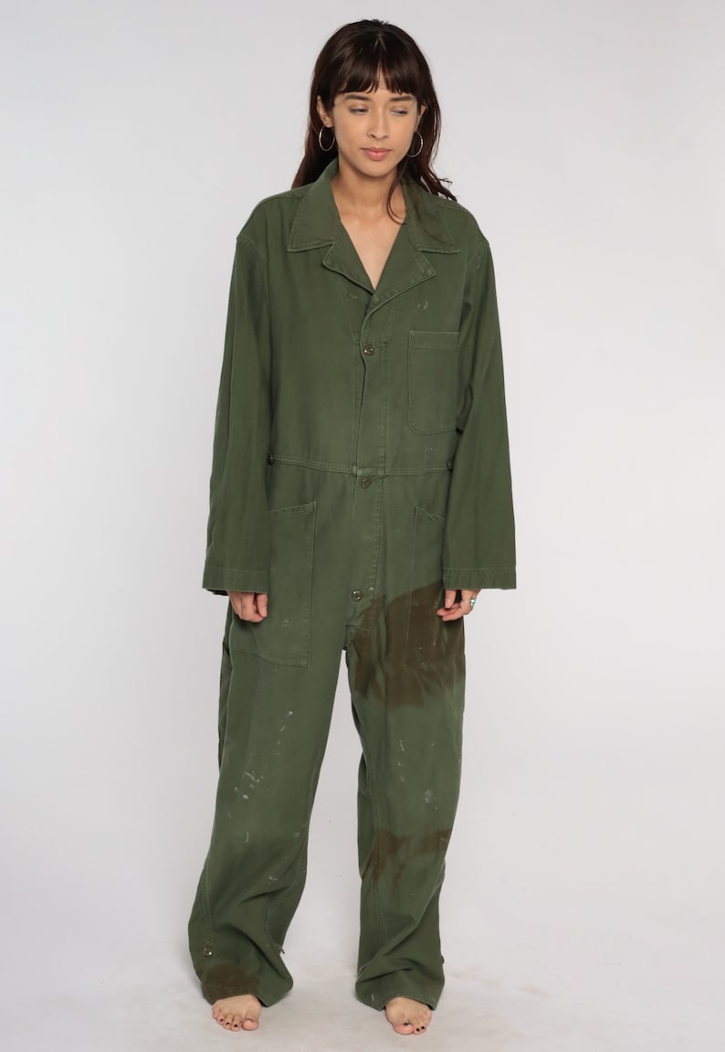 Army Coveralls 80s Distressed Flight Suit Military Jumpsuit Button Up Onesie Long Sleeve Boiler Suit Olive Green Vintage 1980s Mens Large image 7