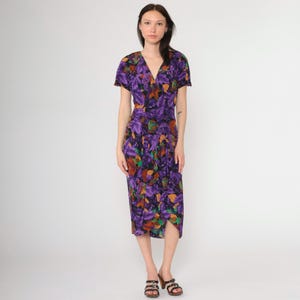 Vintage 80s Purple Floral Dress Rayon Faux Wrap Button Up Drop Waist Pleated Skirt Midi Leaf Print Short Sleeve V Neck Medium 8