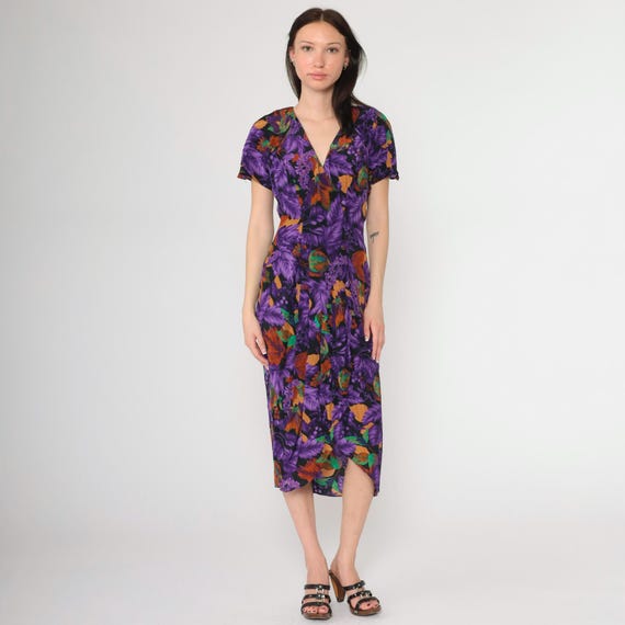 Vintage 80s Purple Floral Dress Rayon Faux Wrap Button Up Drop Waist Pleated Skirt Midi Leaf Print Short Sleeve V Neck Medium 8