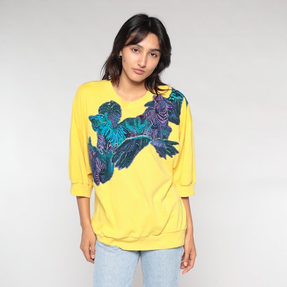 Wildlife Sweatshirt 80s Yellow Glitter Sweatshirt Tiger Zebra Palm Tree Applique Graphic Shirt Rhinestone Pullover Vintage 1980s Medium M