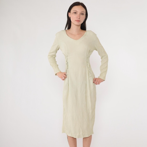 90s Gingham Dress Vintage Lace Up Side Midi Dress Sage Green Grunge Checkered Print Long Sleeve White Princess Seam 1990s Shift 3/4 Small