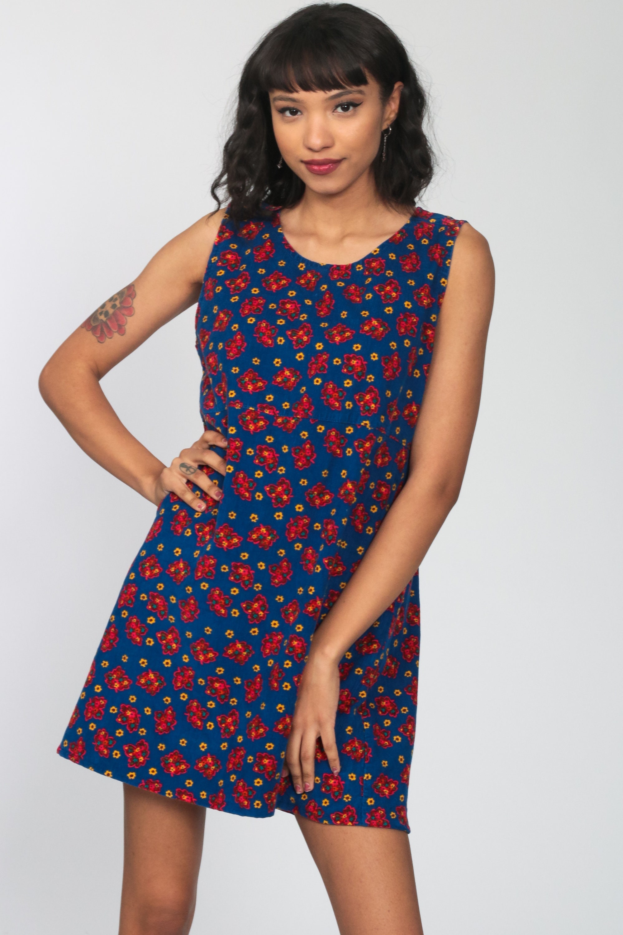 Floral Corduroy Dress 70s Mod Mini Flower Print Blue Dress Shift Hippie Vintage 1970s Twiggy 