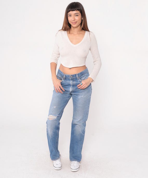 90s Distressed Levis High Rise Jeans Light Blue Denim Straight Leg Faded Vintage Classic Fit Relaxed Cotton Casual Grunge Normcore Size 32