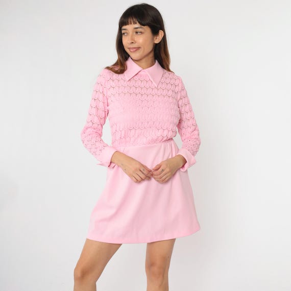 70s Mod Mini Dress Baby Pink Lace Party Dress 60s Long Sheer Sleeve High Waist Collared Retro Seventies MiniDress Vintage 1970s Small S