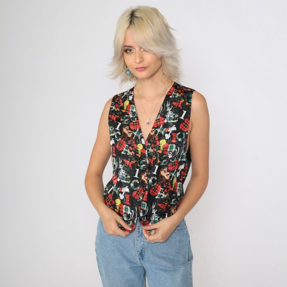 90s Looney Tunes Vest Checkered Alphabet Vest Embossed Warner Bros Vest Tweety Bird Vest 1990s Button Up Small