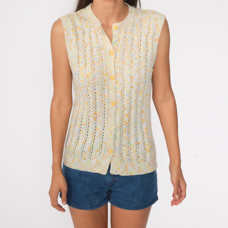 Flecked Sweater Vest Top Confetti Button up Sweater 80s Boho Knit Hippie Top Vintage Pointelle Grandma Sweater Granny Sleeveless Small S