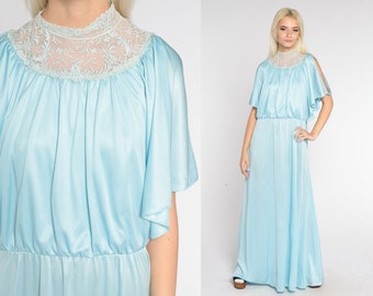 Grecian Maxi Dress 70s Blue Party Dress Floral Embroidered Lace High Neck Chic High Waist Cocktail Drape Gown Formal Vintage 1970s Large L