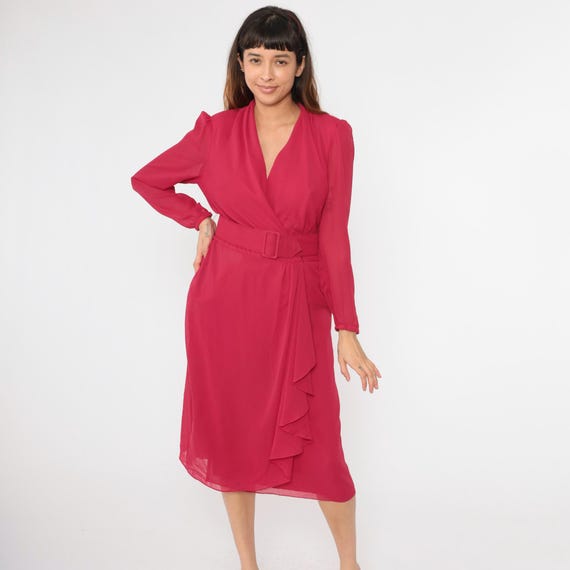 Vintage Fuchsia Chiffon Dress 80s Party Dress Sheer Puff Sleeve Miss Elliette High Waisted Wrap Belted Evening Cocktail Midi 1980s Medium