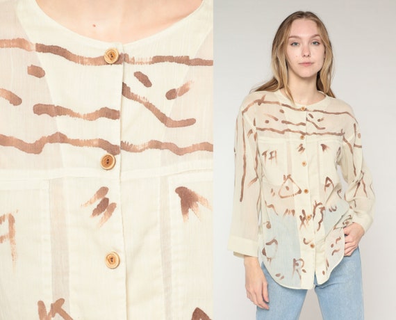 Abstract Print Shirt 80s Semi Sheer Button up Blouse Cream Brown Brushstroke Top Long Sleeve Retro Bohemian Artsy 1980s Vintage Petite Small