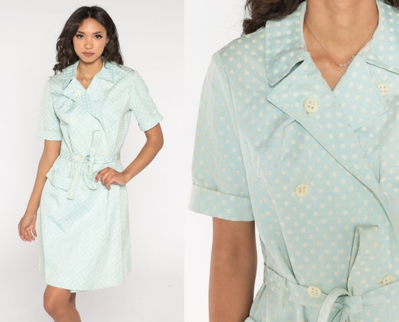 60s Day Dress Baby Blue Polka Dot Mini Jacket Dress Double Breasted Button Up Wrap High Waist Belted Pocket Retro Vintage 1960s Medium M
