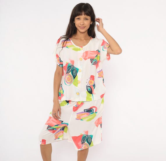 90s Floral Two Piece Set Button Front Blouse Matching Shorts Watercolor White Pink Coral Green  Short Sleeve Summer Outfit Extra Large XL