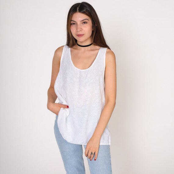 White Floral Tank Top 90s Embroidered Blouse Sleeveless Shirt Retro Boho Beachy Summer Hippie Scoop Neck Flower Print Vintage 1990s Medium M