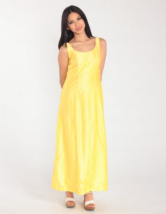 Yellow Party Dress 70s Maxi Dress Shiny Empire Waist Sleeveless Cocktail Formal Prom Ankle Length Gown Simple Long Vintage 1970s Small S
