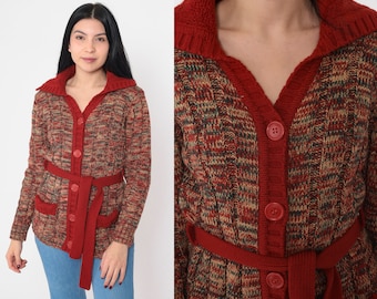 Red Space Dye Cardigan 70s Belted Button Up Knit Sweater Ribbed Hippie Cozy Retro Bohemian Fall Acrylic Knitwear Vintage 1970s Medium M