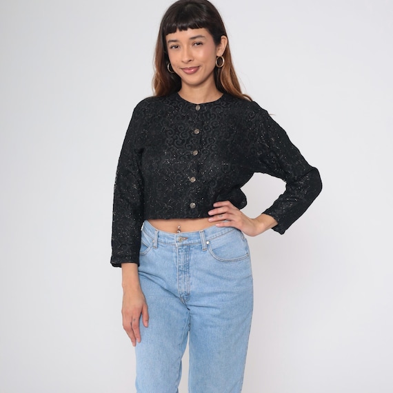 Black Lace Crop Top Blouse Indian Style Gold Thread Button Front Urban Outfitters Formal Evening Vintage 90s Floral  Round Neck Small S