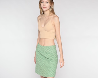 Vintage 60s Mini Skirt Green Checkered Skirt Retro Mod High Waisted Preppy Pencil Secretary Sixties Twiggy Plaid 1960s Extra Small xs