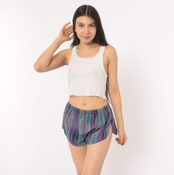 80s Stripe Shorts Purple Teal Navy Cotton Runner Dolphin Hem Elastic Waist Pounders Plum Violet Track Summer Beach Lounge Womens Small S